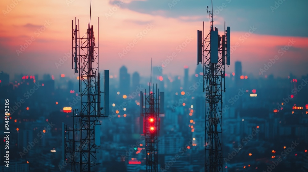 Telecommunication towers at dusk with a cityscape backdrop, highlighting urban connectivity and modern infrastructure. Telecommunication towers at dusk with a cityscape backdrop, highlighting urban connectivity and modern infrastructure.