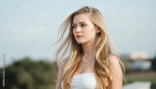 blond woman with long hair wearing white dress and necklace.