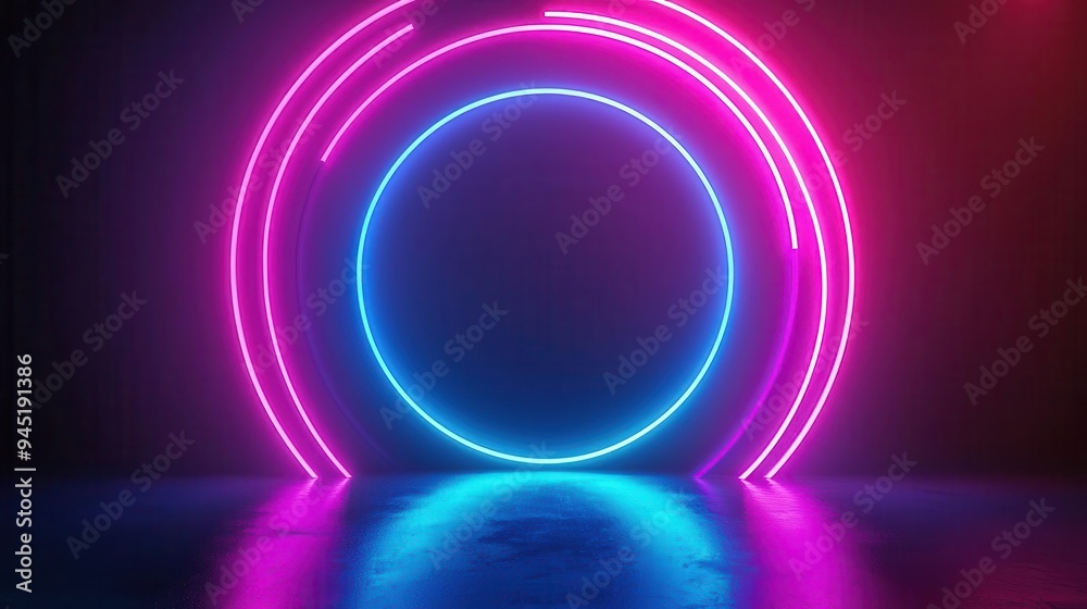 Circular light beams converging on a central point, neon colors, energetic and modern concert setting Circular light beams converging on a central point, neon colors, energetic and modern concert setting