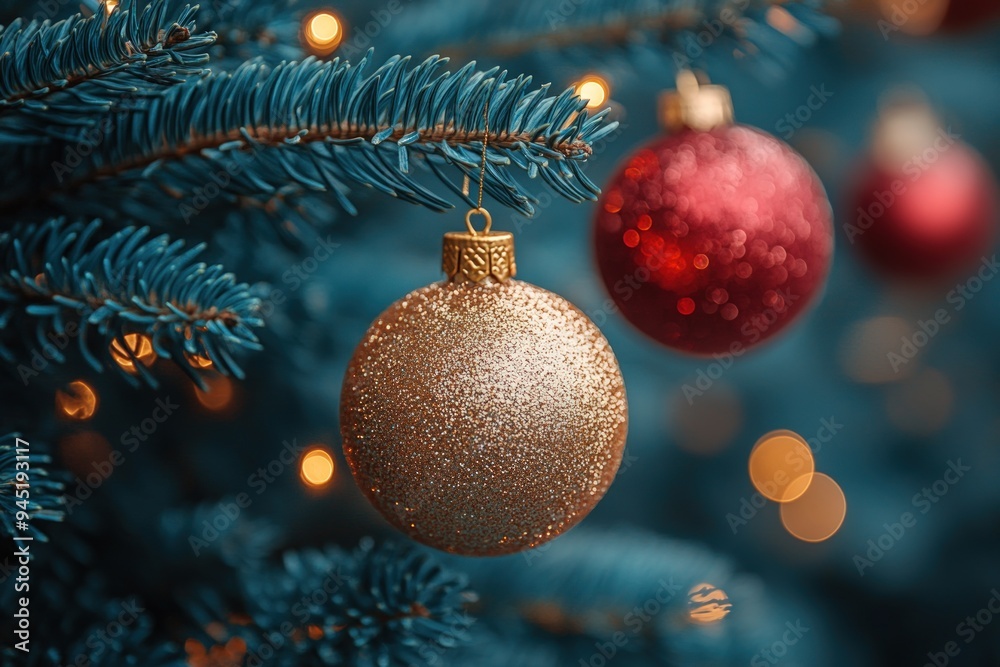 A gold Christmas ornament hangs on a blue Christmas tree with red ornaments. A gold Christmas ornament hangs on a blue Christmas tree with red ornaments.
