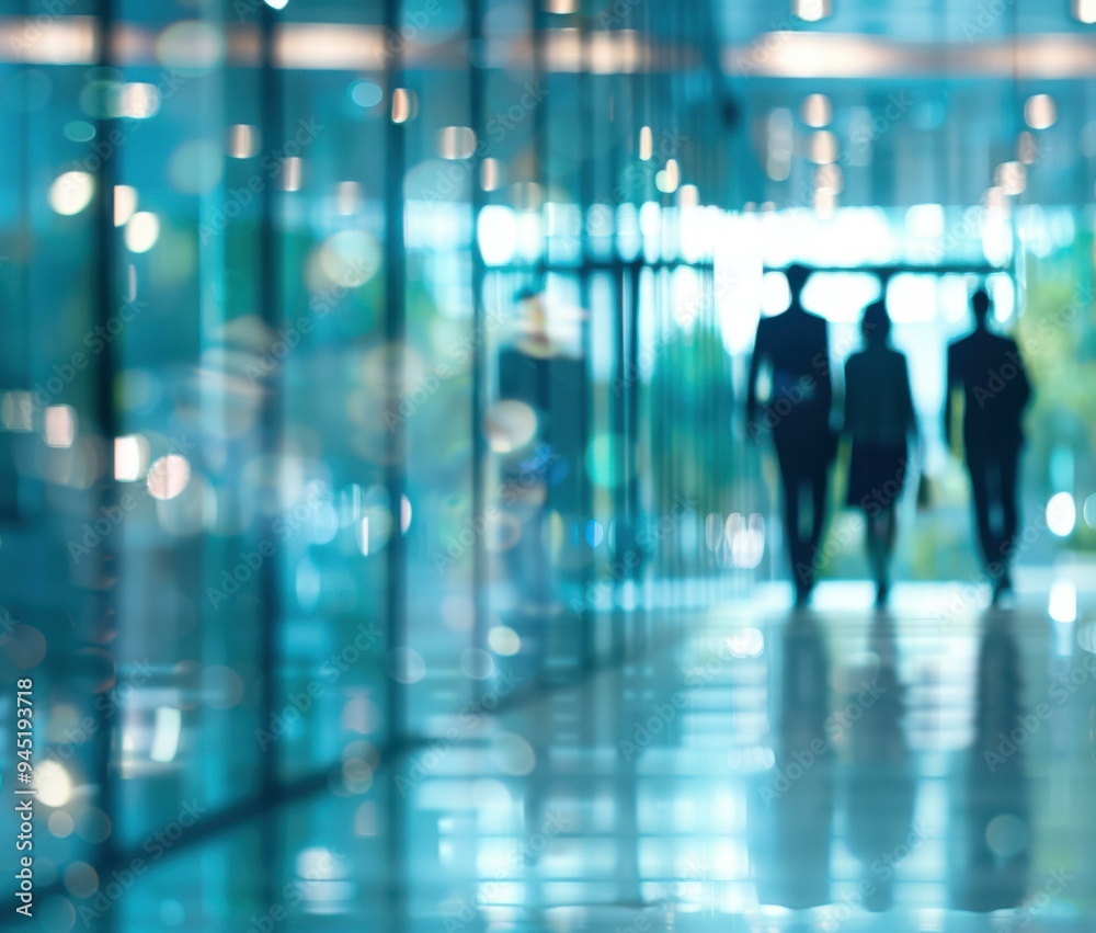 A blurry image of a group of people walking down an office hallway. AI. A blurry image of a group of people walking down an office hallway. AI.
