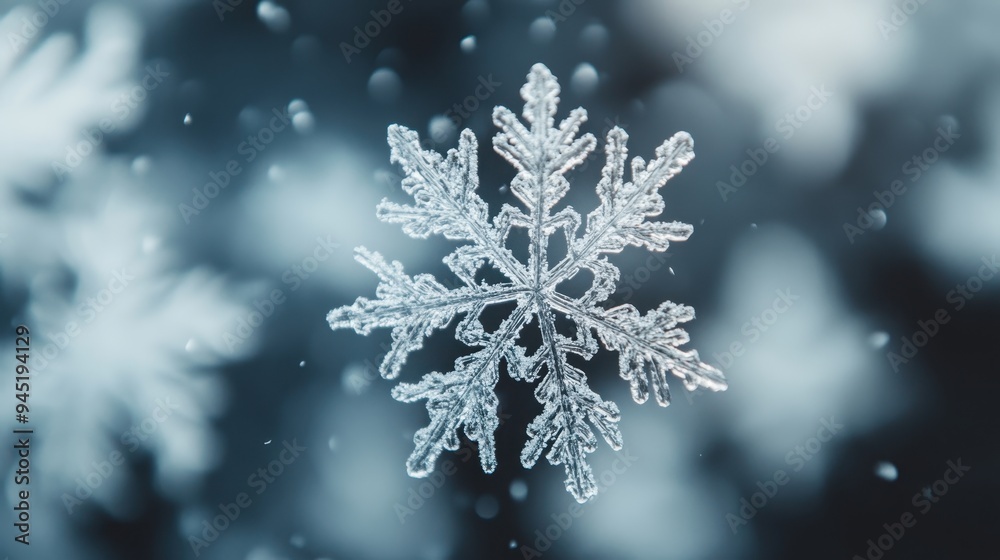 Close-up of a detailed snowflake against a blurred winter background Close-up of a detailed snowflake against a blurred winter background