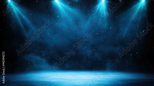 Stage lights in the shape of celestial bodies, starry night backdrop, cool blue tones, serene and mystical mood