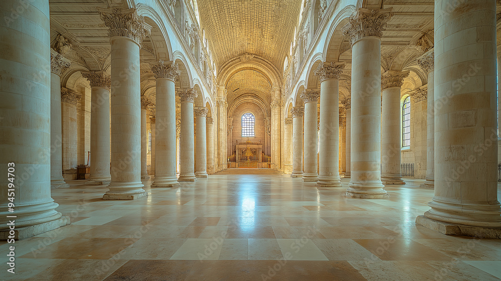 A view of a symmetrical cathedral interior, with identical columns and arches leading to the altar, with copy space A view of a symmetrical cathedral interior, with identical columns and arches leading to the altar, with copy space