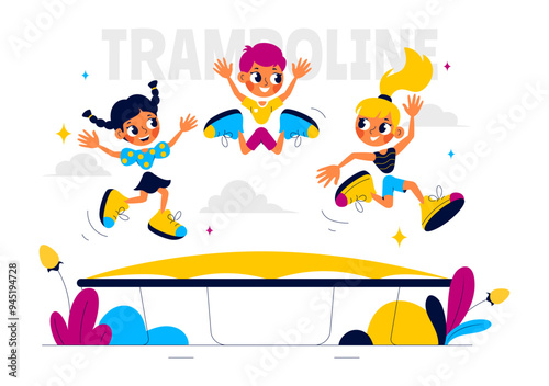 Vector Illustration of a Little Boy or Girl Jumping on a Trampoline, Enjoying Summer Outdoor Activities with a Flat Style Cartoon Background