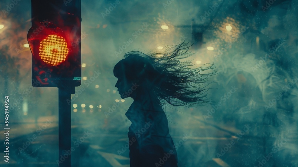 a silhouette of a girl walking with her hair covering her face crossing a street by the traffic light with a dark blue filter
