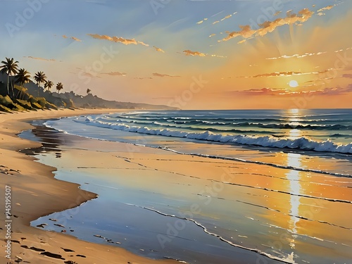 Wallpaper Mural A tranquil beach scene at sunrise, with gentle waves, golden sunlight, and a peaceful atmosphere, impressionist art  Torontodigital.ca