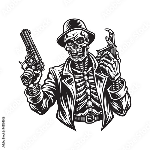 Skull gangster holding gun vector illustration