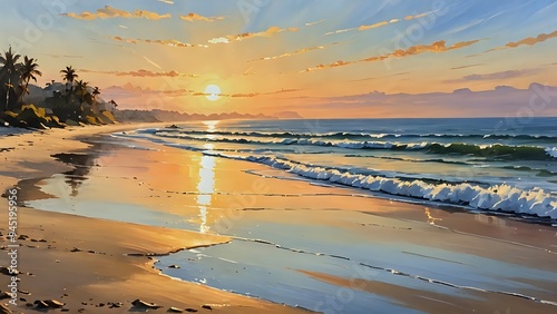 Wallpaper Mural A tranquil beach scene at sunrise, with gentle waves, golden sunlight, and a peaceful atmosphere, impressionist art  Torontodigital.ca