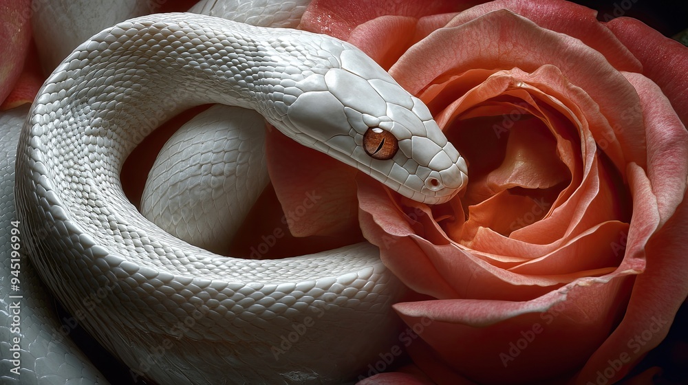 Fototapeta premium Nature's duality: A white snake and a rose together, creating a powerful visual of nature