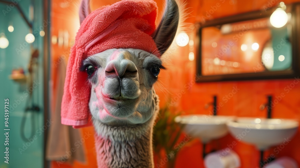 Naklejka premium Portrait of a happy llama in a spa salon. Concept of rest, relaxation.