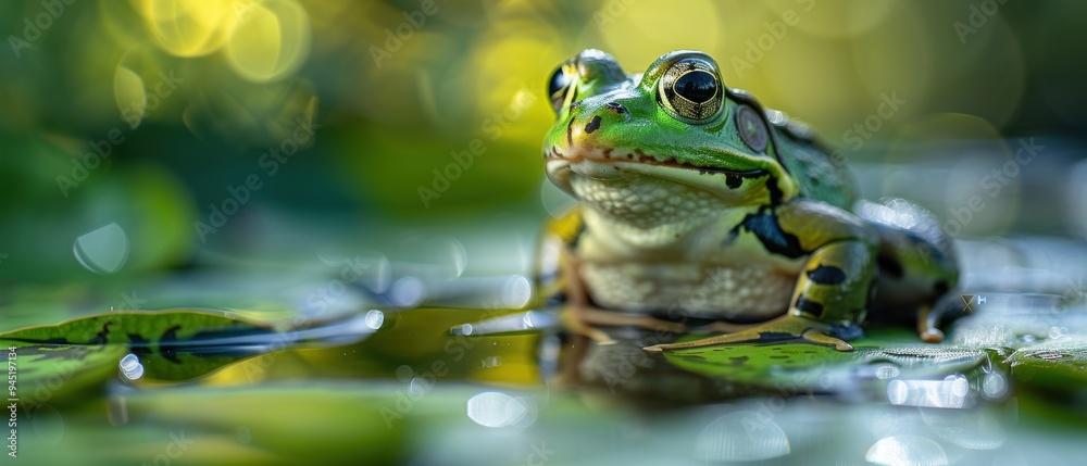 Serene Frog Perched on Lily Pad in Peaceful Pond Serene Frog Perched on Lily Pad in Peaceful Pond