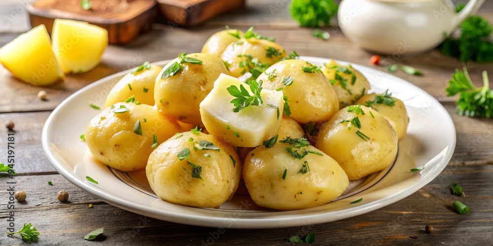 A warm and inviting plate holds a mound of fluffy white potatoes, gently adorned with pats of creamy butter, waiting to be savored. A warm and inviting plate holds a mound of fluffy white potatoes, gently adorned with pats of creamy butter, waiting to be savored.
