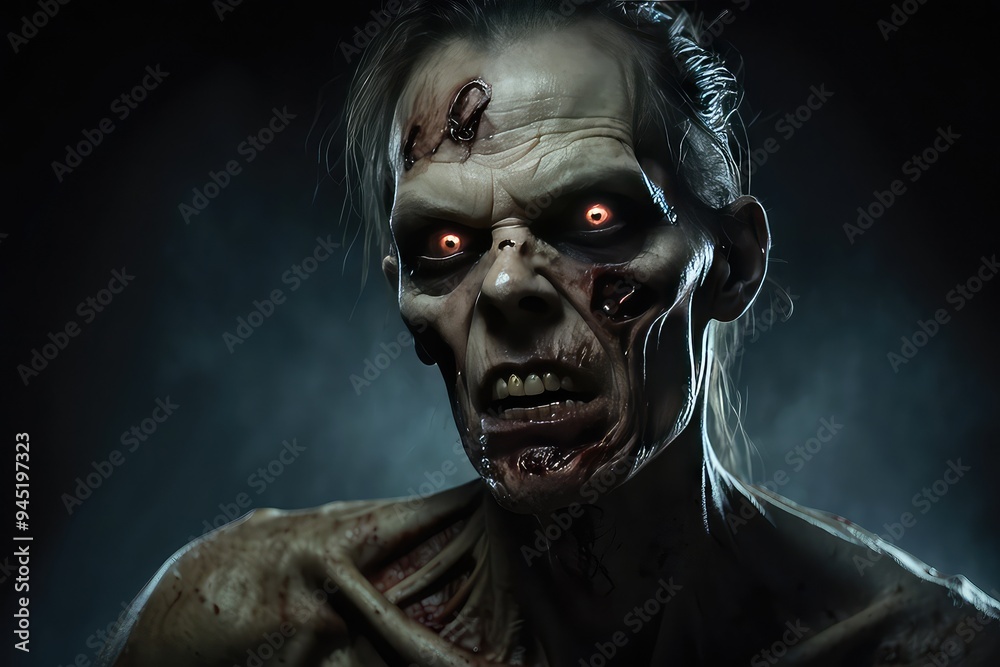 Male monster, hideous and eerie, with gouges in his eyes that resemble a skull