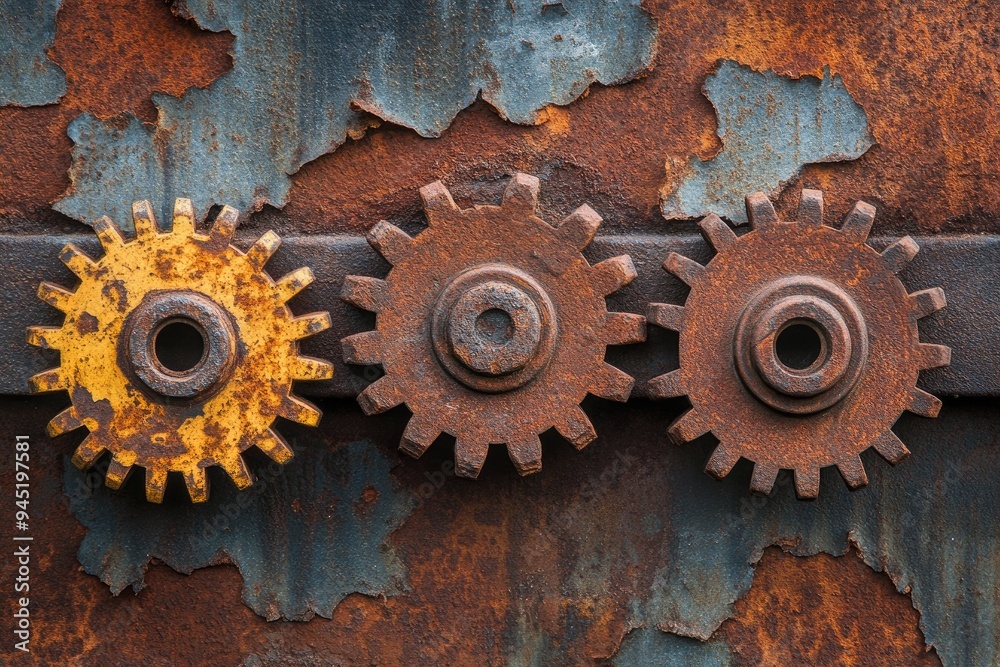 Three rusty gears on a metal surface. A photo that represents working ...