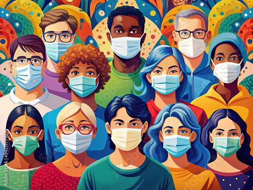 Colorful illustration of diverse individuals wearing medical masks, surrounded by vibrant graphic elements and shapes, symbolizing community, unity, and resilience during challenging times.