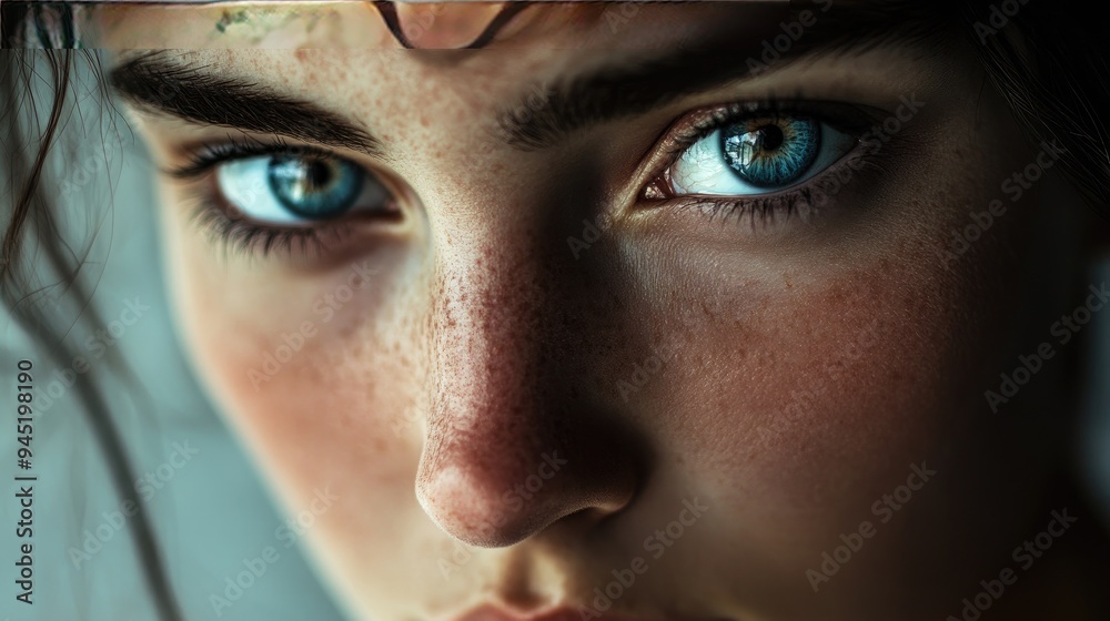 Fototapeta premium Reflective moment: A woman with piercing blue eyes, her gaze thoughtful and distant, captured in a soft, intimate portrait