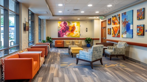 A vibrant hospital reception with colorful art and comfortable seating