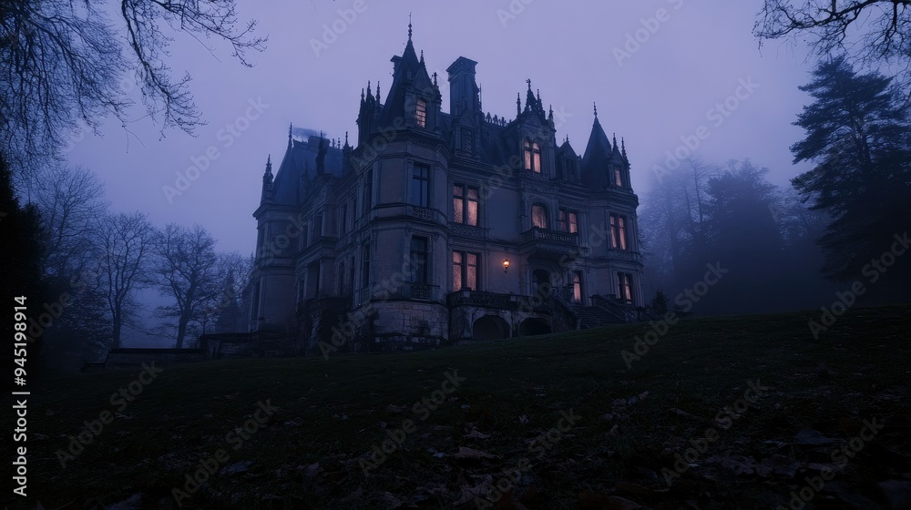 Spooky old gothic castle, foggy night, haunted mansion Spooky old gothic castle, foggy night, haunted mansion