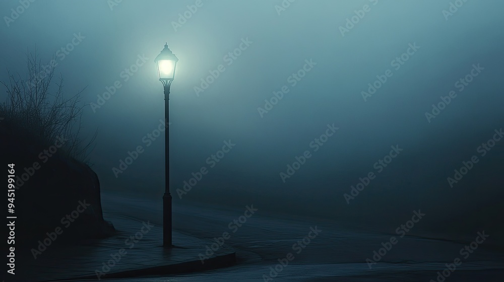 Silent night: A lone street light standing in the fog, casting a dim, ethereal light over an empty, quiet street Silent night: A lone street light standing in the fog, casting a dim, ethereal light over an empty, quiet street