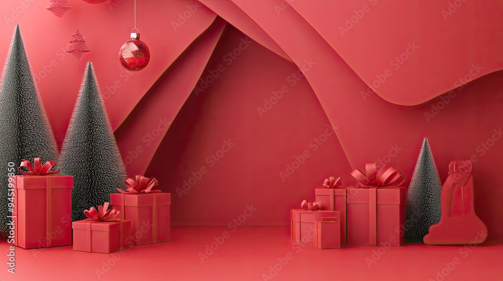 Simple holiday charm: A minimalist red Christmas background with stylized pine trees and neatly wrapped gifts, evoking festive simplicity Simple holiday charm: A minimalist red Christmas background with stylized pine trees and neatly wrapped gifts, evoking festive simplicity