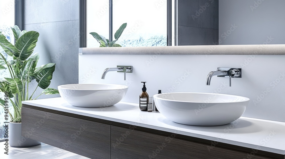 Fototapeta premium Sleek simplicity: A modern minimalist bathroom featuring double sinks, clean lines, and a serene, functional design