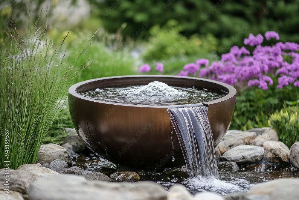 A copper bowl fountain with a cascading waterfall. This image is perfect for showcasing the beauty and tranquility of a water feature in a garden. A copper bowl fountain with a cascading waterfall. This image is perfect for showcasing the beauty and tranquility of a water feature in a garden.