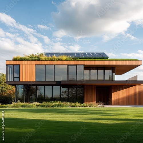 Eco-Friendly Living: Modern Sustainable Home with Solar Panels and Green Rooftop Garden