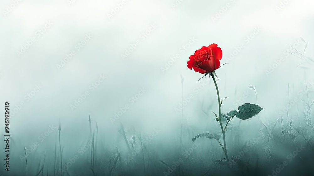 Fototapeta premium Solitary bloom: A single red rose shrouded in mist, a simple yet powerful image of tranquility and elegance