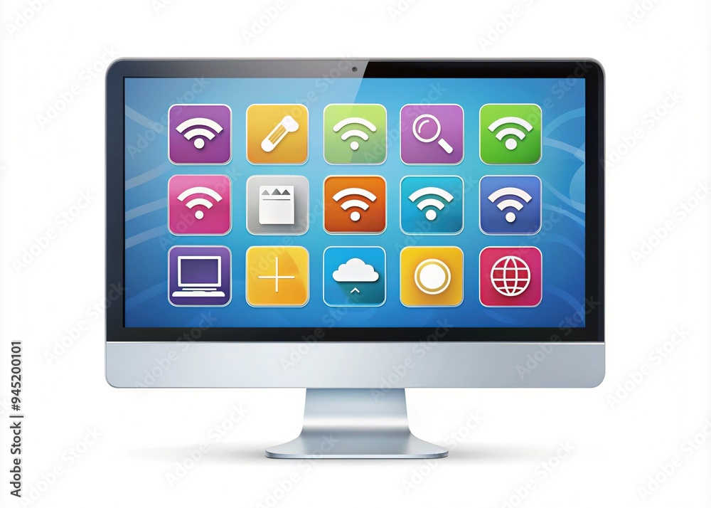 Colorful modern computer screen displaying various connectivity icons, including Wi-Fi, Bluetooth, and network symbols, on a clean and minimalist white background.