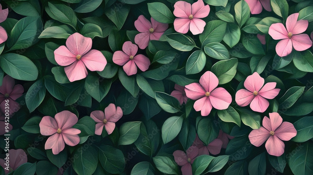 Springtime bloom: Pink flowers intertwined with green leaves, creating a lively and refreshing floral background Springtime bloom: Pink flowers intertwined with green leaves, creating a lively and refreshing floral background