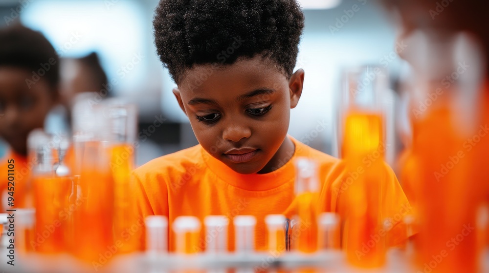 Curious child exploring science with orange test tubes in classroom Curious child exploring science with orange test tubes in classroom