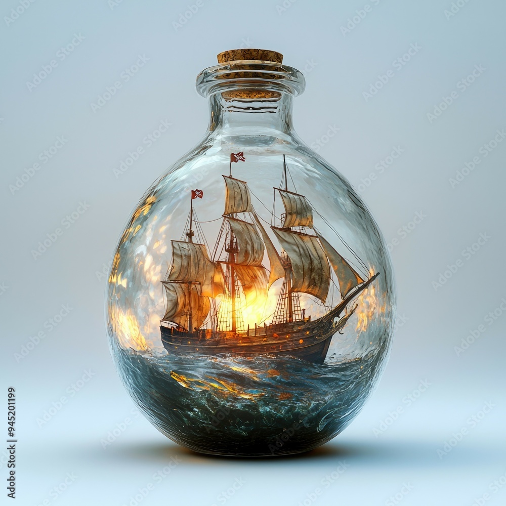 A Miniature Ship Inside A Glass Bottle With Cork Stopper