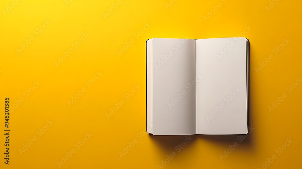 An open blank notebook sits on a bright yellow surface. An open blank notebook sits on a bright yellow surface.