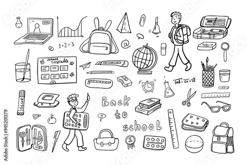 Set of school icons. School students. Education. Back to school. Hand drawn. Great for banner, posters, cards, stickers, professional design and website wallpapers. Doodle style