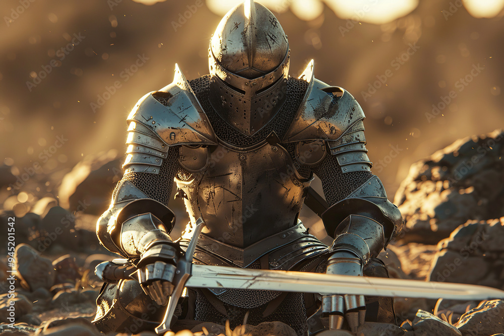 A fantastic royal knight in armor guards the castle chambers A fantastic royal knight in armor guards the castle chambers