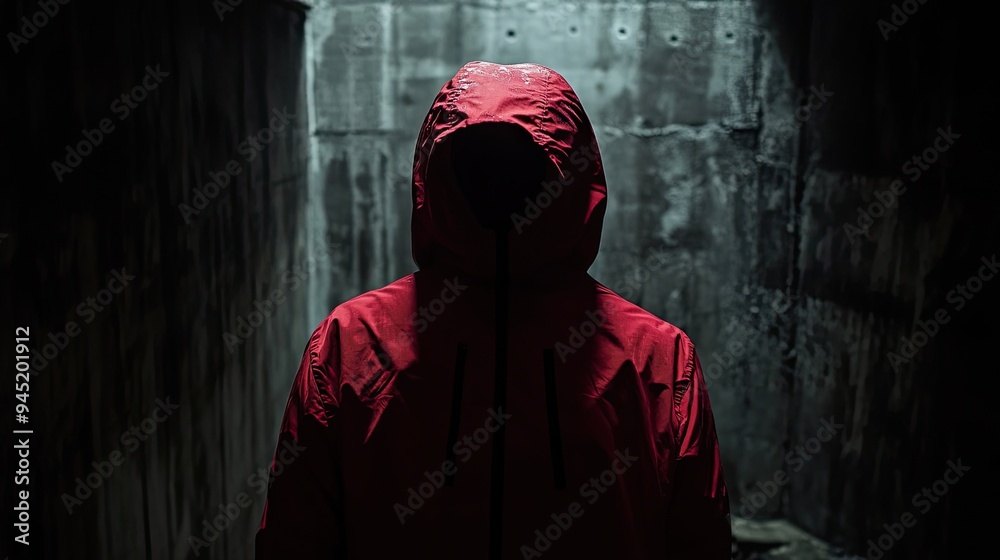 Unknown identity: A mysterious figure in a red jacket, their face concealed, standing alone in a shadowy setting Unknown identity: A mysterious figure in a red jacket, their face concealed, standing alone in a shadowy setting