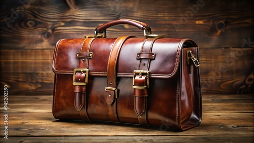 1. A rich brown Cordovan leather handbag with golden buckles and vintage Hardware, resting on a wooden table, a realistic photo image. photo