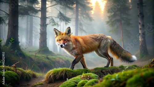 7. A stately orange-red fox prowls through a misty forest, its bushy tail flicking behind, a realistic photo image.