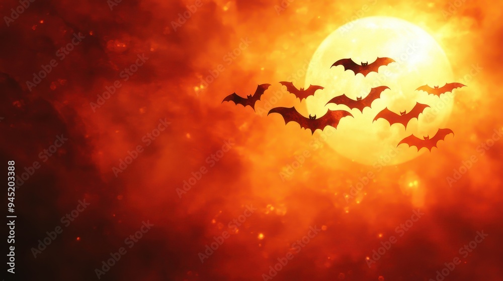 Eerie bats flying across a fiery full moon in a spooky night sky Eerie bats flying across a fiery full moon in a spooky night sky