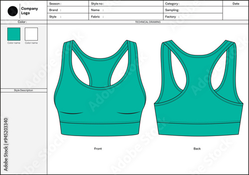 Tech pack flat drawing Sports bra (Blue)
