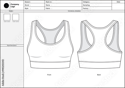 Tech pack flat drawing Sports bra (White)