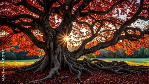 autumn red tree in the park , red leaves, ending summer photo