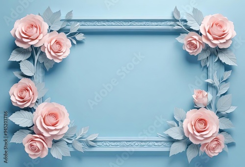 Elegant blue frame adorned with delicate pink roses and leaves, perfect for a romantic and sophisticated touch to any design or presentation.