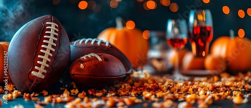 Festive American Football and Halloween with Pumpkins and Autumn still life image with American football equipment and Halloween pumpkins and decor elements on an abstract blurred background photo