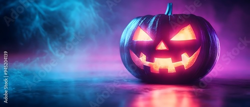 Glowing neon Halloween jack o  lantern with an 80s inspired design creating a surreal and atmospheric visual concept photo