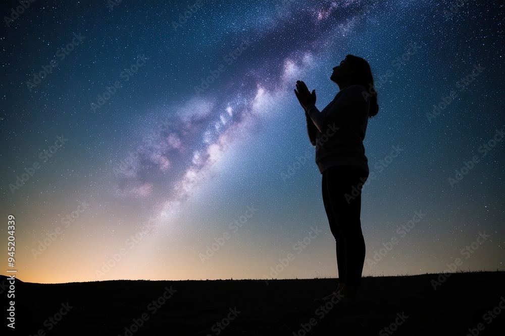Fototapeta premium Grateful Soul Offering Prayers Under a Starry Sky with Ground Shadow