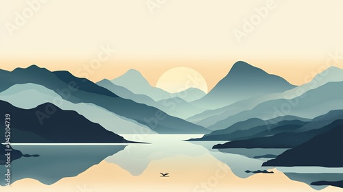 Serene landscape with mountains, a lake, and a rising sun, evoking calm and tranquility.