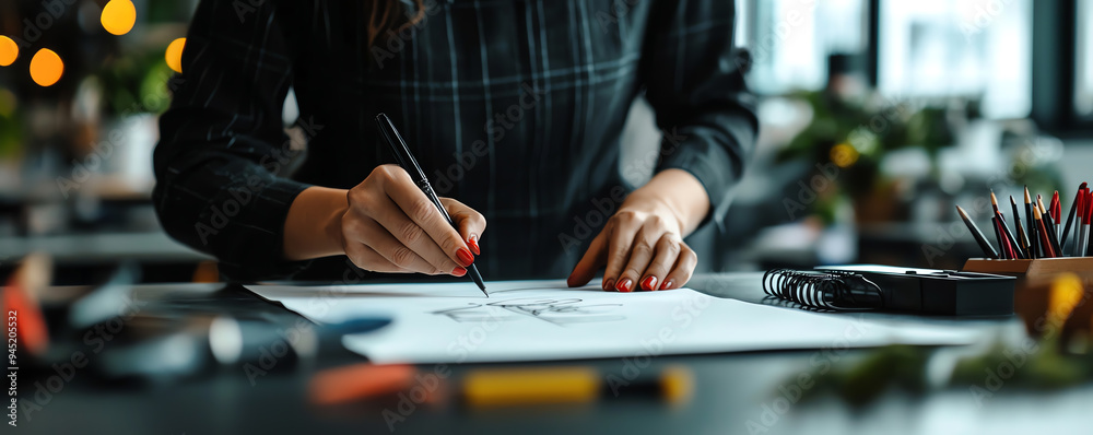 A creative individual sketching ideas on paper in a cozy workspace filled with art supplies and natural light.