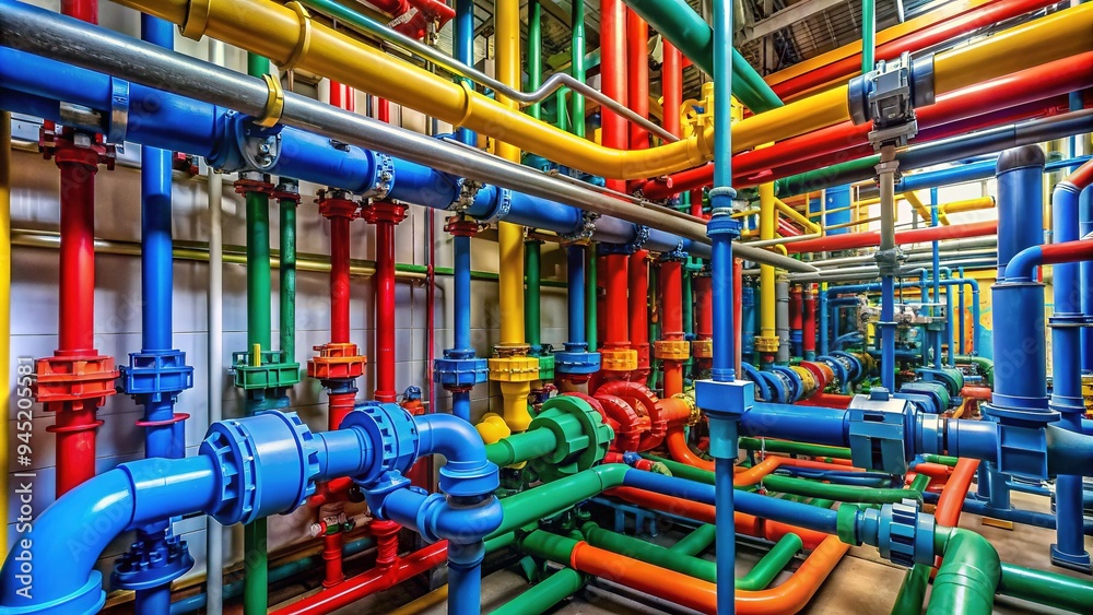 Colorful pipes and fittings of PVC pipe system interconnected to form a complex network, illustrating modern plumbing and piping infrastructure in a industrial setting. Colorful pipes and fittings of PVC pipe system interconnected to form a complex network, illustrating modern plumbing and piping infrastructure in a industrial setting.